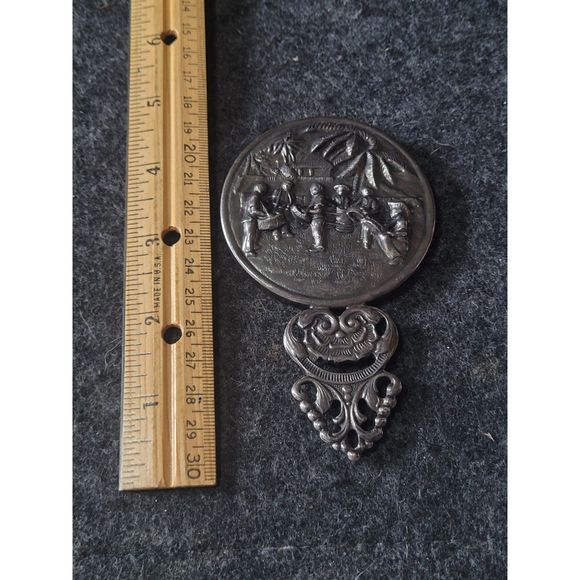 Vintage Silver plate purse Danish Hand Mirror embossed Island Scene Palm Trees - Picture 4 of 5